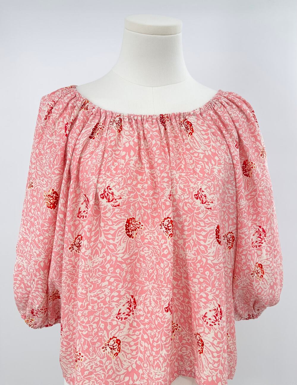 Natalie Martin Silk Ella Blouse Cream Pink Floral Smocked Off Shoulder Top XS